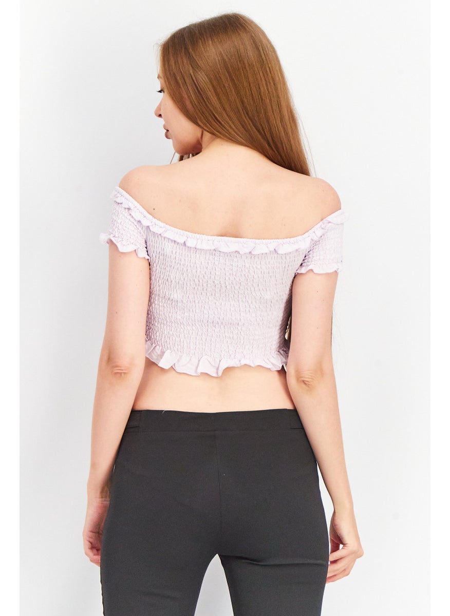 FOREVER 21 Women Off Shoulder Short Sleeve Textured Crop Top, Lavender  - Image 3