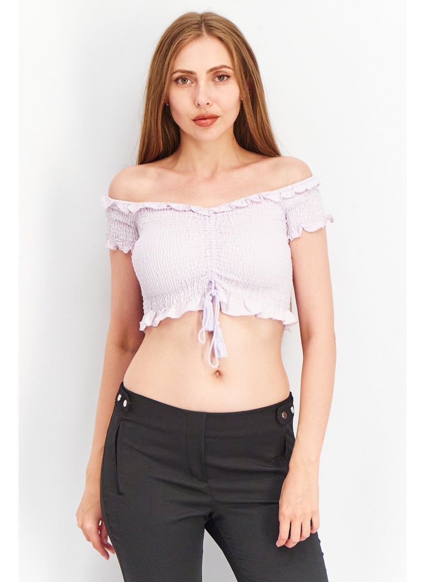 FOREVER 21 Women Off Shoulder Short Sleeve Textured Crop Top, Lavender  - Image 1