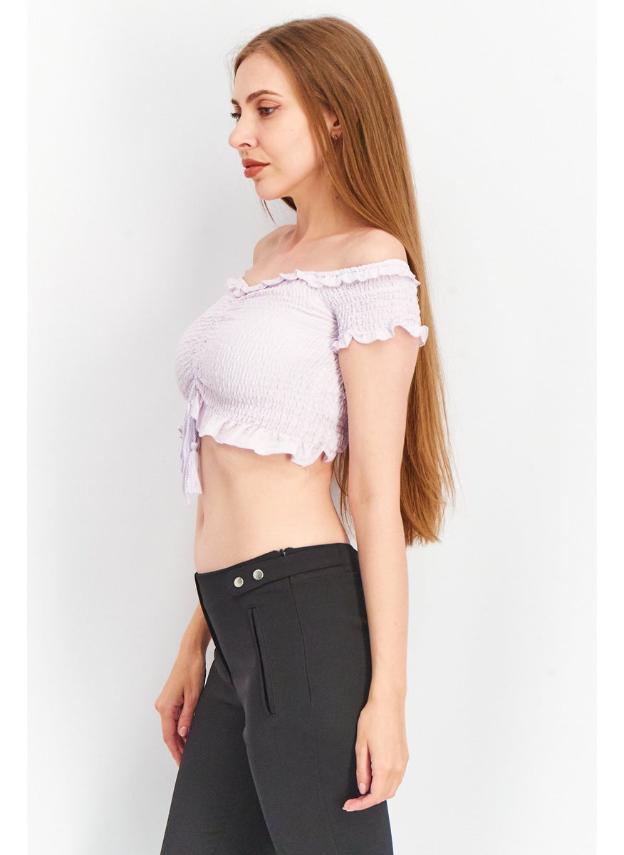 FOREVER 21 Women Off Shoulder Short Sleeve Textured Crop Top, Lavender  - Image 2
