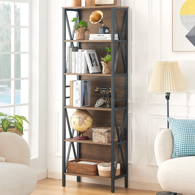 HOMISSUE Tall Bookshelf 6Tier Book Shelf Rustic Wood Metal Bookshelves and Bookcases Freestanding and Industrial Open Bookcase for Home Office Living Room and Bedroom Vintage Brown