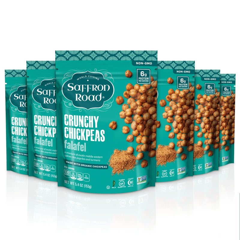 Saffron Road Roasted and Crunchy Falafel Chickpeas High Protein Snacks Glutenfree Vegan NonGMO and Certified Halal and Kosher 54oz Pouch Pack of 6