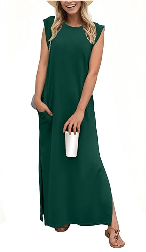 GRECERELLE Women's Summer Crew Neck Casual Loose Split Long Maxi Dress with Pockets (X-Large, Dark Green) - Image 1