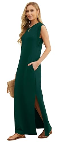 GRECERELLE Women's Summer Crew Neck Casual Loose Split Long Maxi Dress with Pockets (X-Large, Dark Green) - Image 2