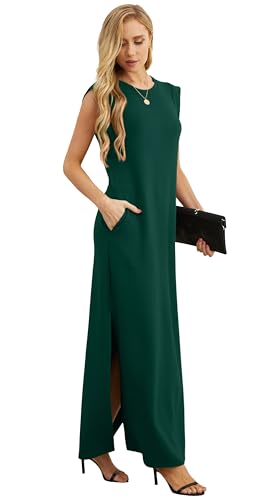 GRECERELLE Women's Summer Crew Neck Casual Loose Split Long Maxi Dress with Pockets (X-Large, Dark Green) - Image 4