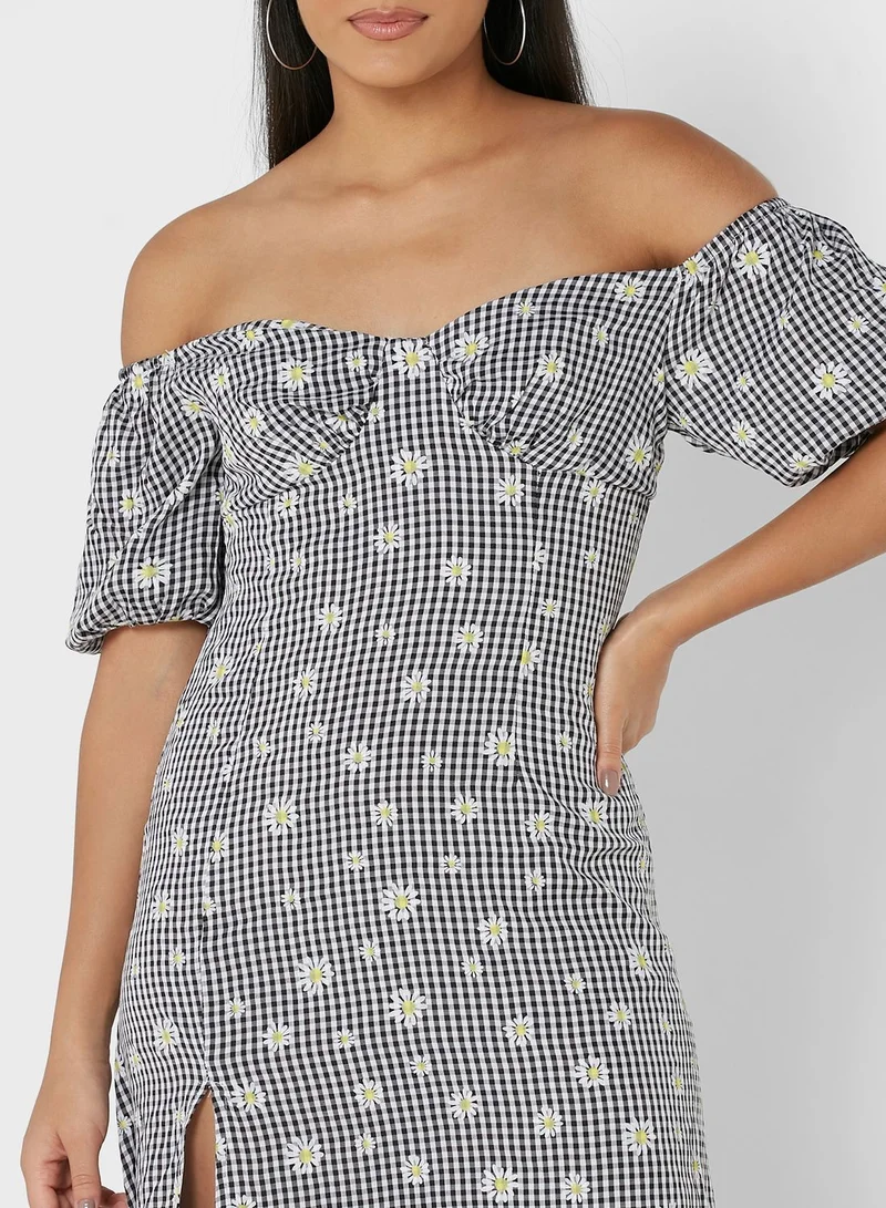 boohoo Bardot Puff Sleeve Floral Print Dress