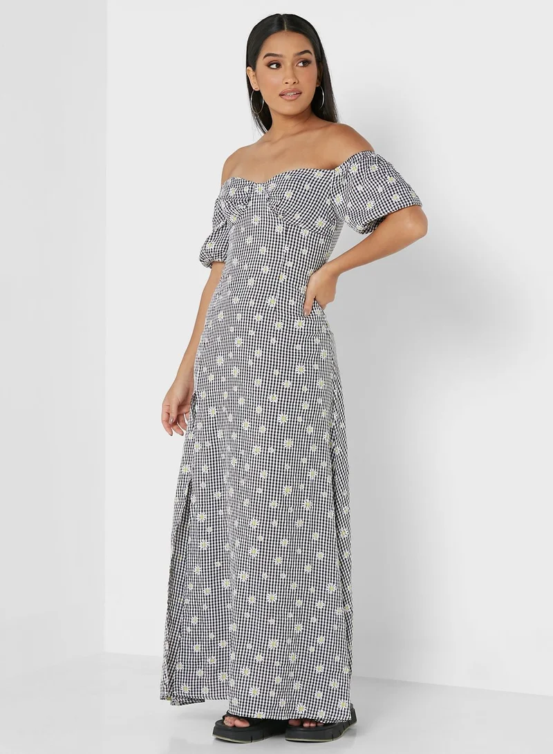 boohoo Bardot Puff Sleeve Floral Print Dress