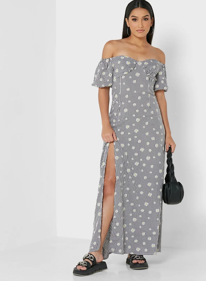 boohoo Bardot Puff Sleeve Floral Print Dress