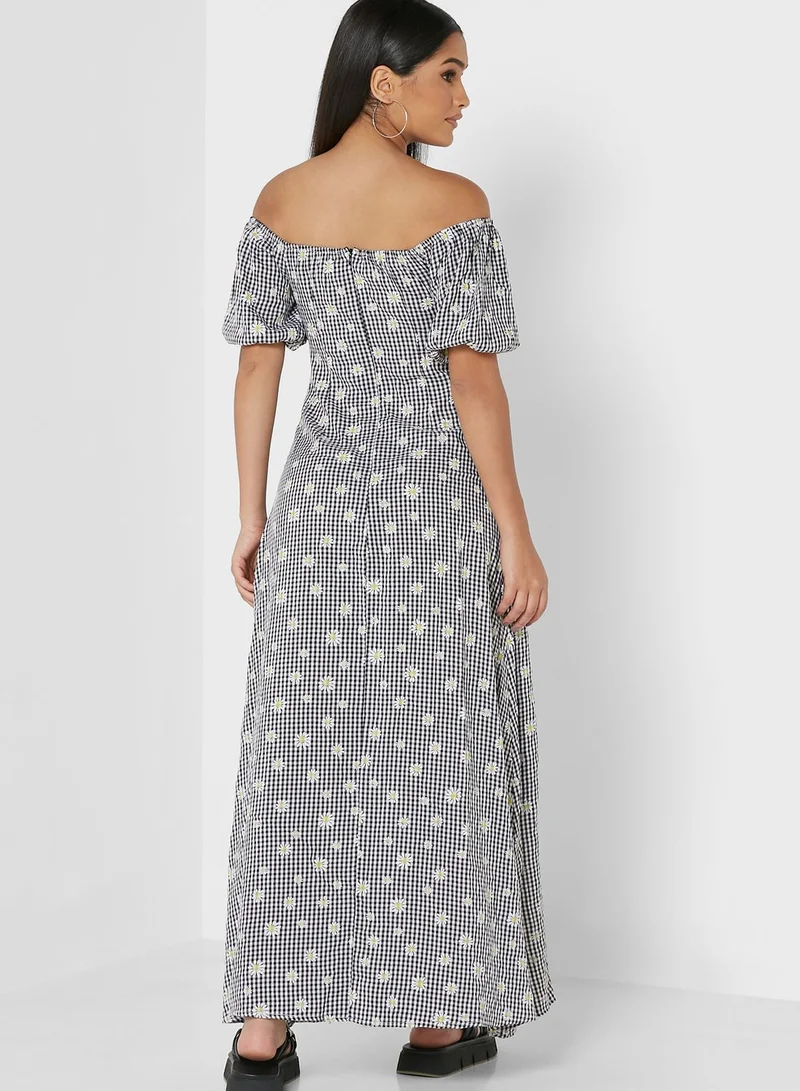 boohoo Bardot Puff Sleeve Floral Print Dress
