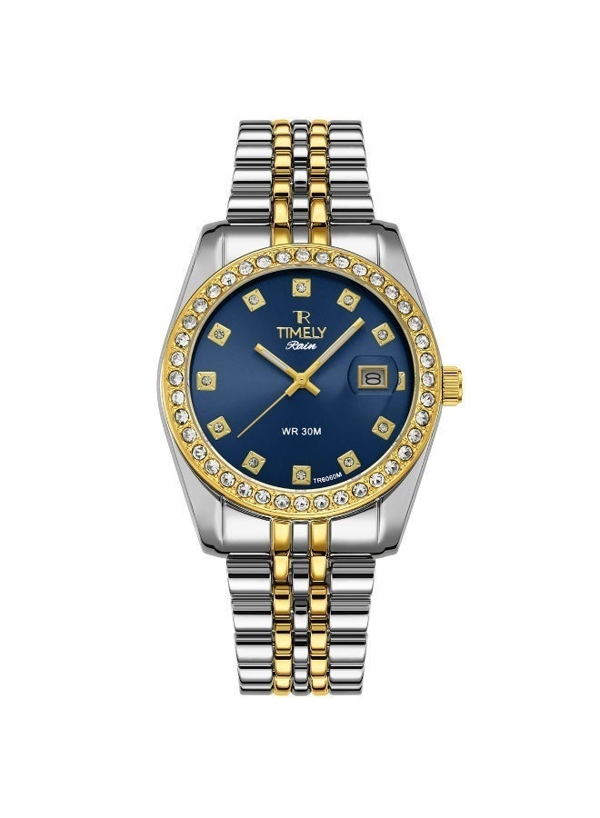 tr أمطار في الوقت المناسب ساعة يد كلاسيكية للرجال من الكوارتز، مزيج من الذهب والفضة والفولاذ المقاوم للصدأ، مينا زرقاء - Image 1