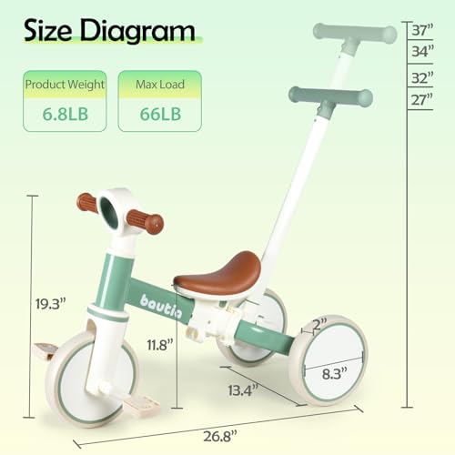 Bautia Kids Tricycle for Toddlers 13 with Push Handle 5 in 1 Baby Balance Bike Toy for 14 Years Old Boys Girls Gift with Removable Pedals Mint No Parent Steering Version - Image 5