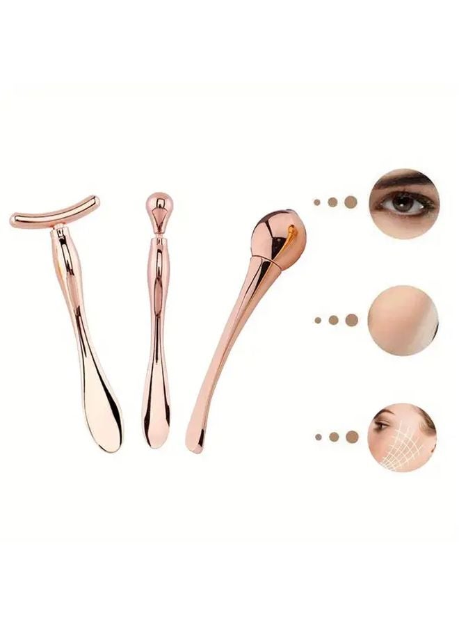 3 قطع من مدلك الوجه المعدني، أداة مزدوجة لتطبيق كريم العين، أداة غوا شا باللون الذهبي الوردي - Image 5