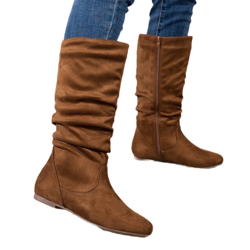 Plus Size Boots Women'S Side Zipper Pleated Heap Boots Flat Suede Western Boots - Image 2