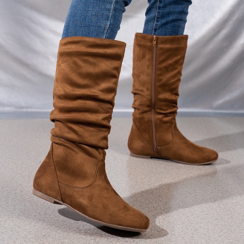 Plus Size Boots Women'S Side Zipper Pleated Heap Boots Flat Suede Western Boots - Image 1