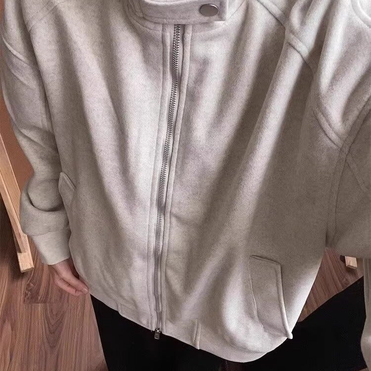 American Street Solid Color Vertical Collar Sports Jacket For Men And Women New Fashionable Loose Casual Sweatshirt Jacket For Couple - Image 3