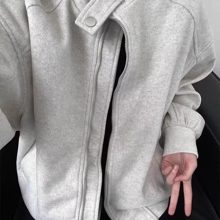American Street Solid Color Vertical Collar Sports Jacket For Men And Women New Fashionable Loose Casual Sweatshirt Jacket For Couple - Image 2