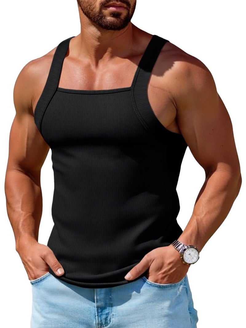 Runcati Mens Ribbed Knit Tank Tops Casual Sleeveless Slim Fit Shirts Summer Beach Workout Muscle Gym Tee Black - Image 1
