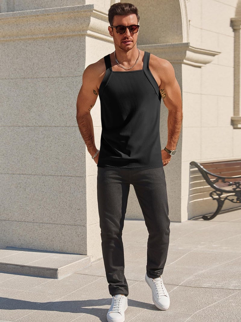 Runcati Mens Ribbed Knit Tank Tops Casual Sleeveless Slim Fit Shirts Summer Beach Workout Muscle Gym Tee Black - Image 5