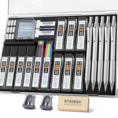 STAGEEK 25PCS Art Mechanical Pencil Set, 3PCS Metal lead pencil 0.5, 0.7, 0.9, 2PCS 2mm Drawing Pencil (HB 2H 2B 4B Color) with 392PCS Graphite Leads, Eraser with Case for Drafting Drawing Writing - Image 1