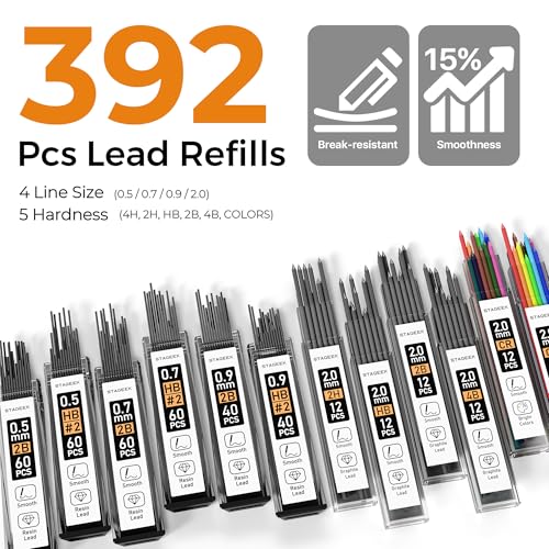 STAGEEK 25PCS Art Mechanical Pencil Set, 3PCS Metal lead pencil 0.5, 0.7, 0.9, 2PCS 2mm Drawing Pencil (HB 2H 2B 4B Color) with 392PCS Graphite Leads, Eraser with Case for Drafting Drawing Writing - Image 4