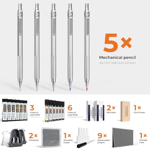 STAGEEK 25PCS Art Mechanical Pencil Set, 3PCS Metal lead pencil 0.5, 0.7, 0.9, 2PCS 2mm Drawing Pencil (HB 2H 2B 4B Color) with 392PCS Graphite Leads, Eraser with Case for Drafting Drawing Writing - Image 5