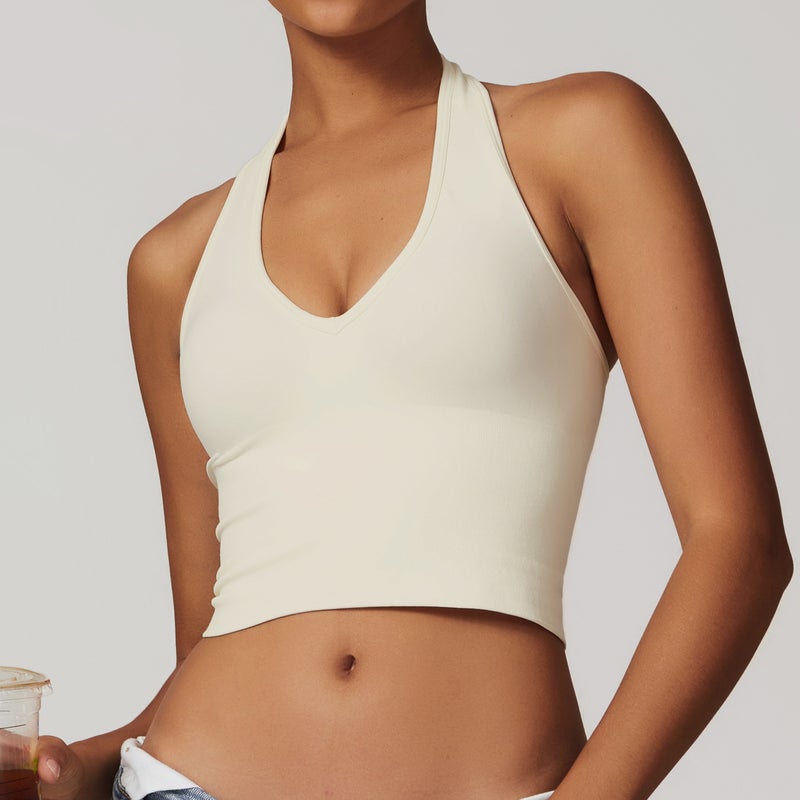 Zechuang Breathable Backless Yoga Sports Bra Beige - Image 1