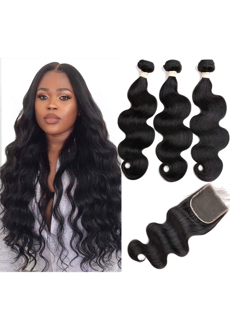 Beauhair - Brazilian Body Wave Virgin Human Hair Bundles with Lace Closure(14 16 18 with14 Closure) Human Hair Unprocessed Body Wave Hair Bundles with Closure 4X4 Lace Free Part Natural Black Hair - Image 1