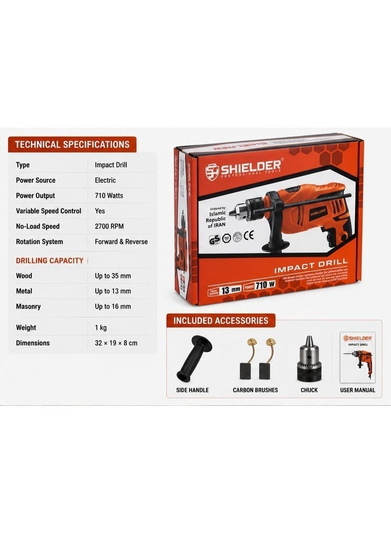 Shielder Hammer Drill Shielder SH-1013 710W 13mm Electric Impact Drill Variable Speed Reverse Rotation Professional Power Tool - Image 3