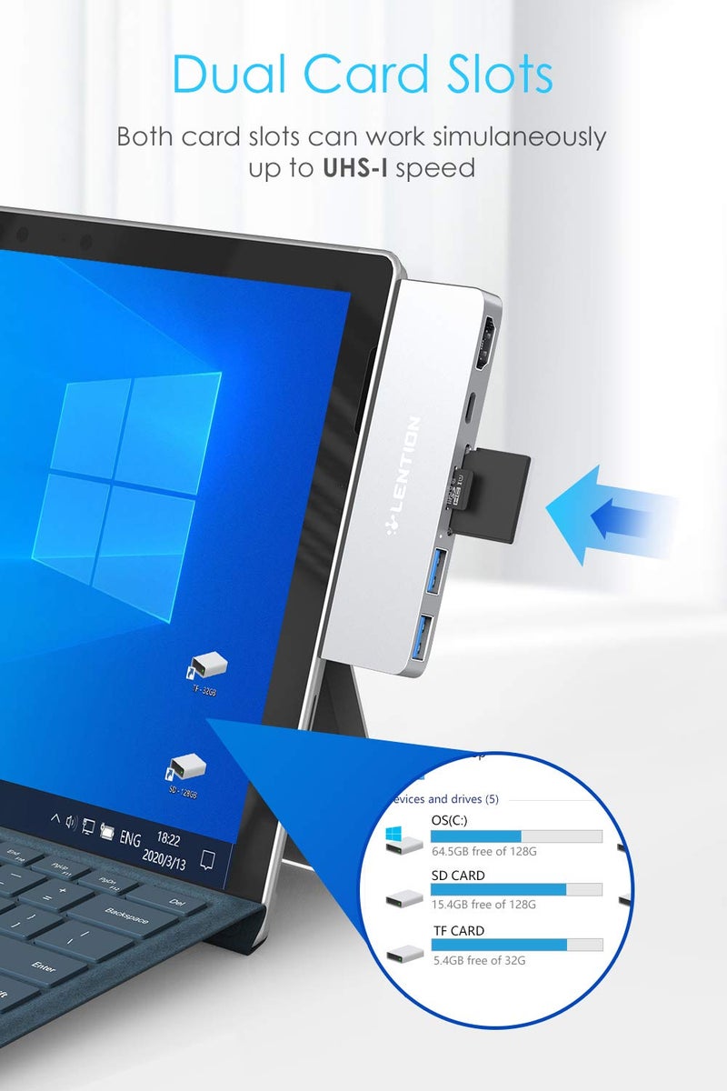 LENTION Surface Pro 7 USB C Dock, 6-in-1 Adapter, 4K@60Hz USB-C to HDMI, SD & Micro SD Card Reader, 2 USB 3.0 Ports, 60W Type C Charging (CS34, Silver) - Image 5