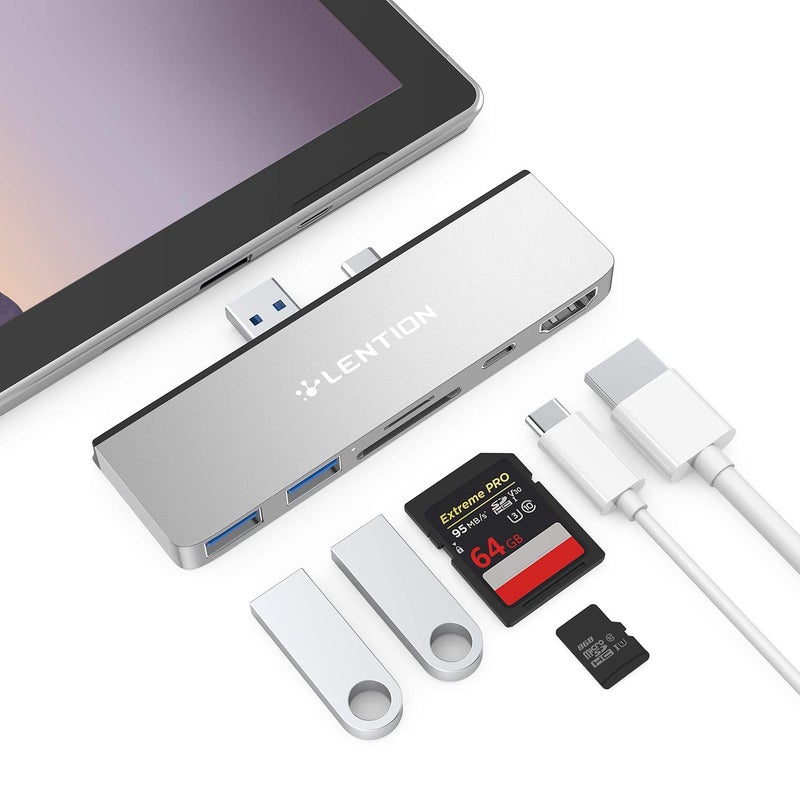 LENTION Surface Pro 7 USB C Dock, 6-in-1 Adapter, 4K@60Hz USB-C to HDMI, SD & Micro SD Card Reader, 2 USB 3.0 Ports, 60W Type C Charging (CS34, Silver) - Image 1
