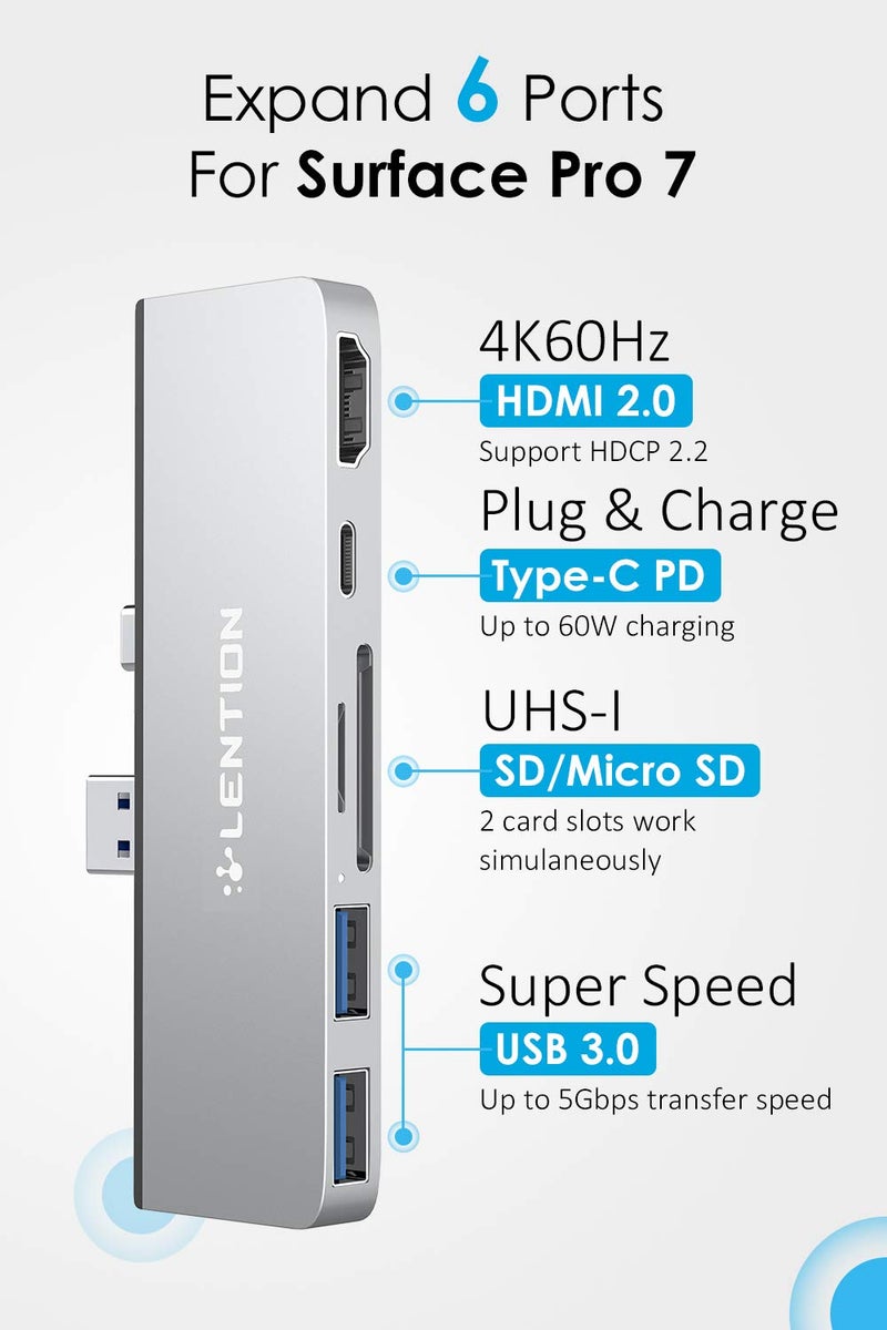 LENTION Surface Pro 7 USB C Dock, 6-in-1 Adapter, 4K@60Hz USB-C to HDMI, SD & Micro SD Card Reader, 2 USB 3.0 Ports, 60W Type C Charging (CS34, Silver) - Image 2