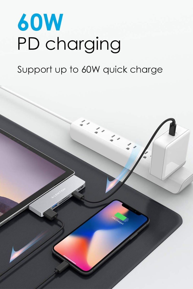 LENTION Surface Pro 7 USB C Dock, 6-in-1 Adapter, 4K@60Hz USB-C to HDMI, SD & Micro SD Card Reader, 2 USB 3.0 Ports, 60W Type C Charging (CS34, Silver) - Image 4