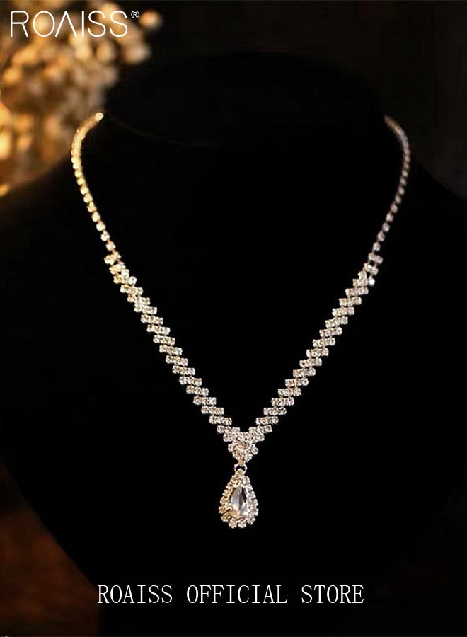 roaiss 2-Piece Women's Jewelry Set Rhinestone Necklace and Earring Set with Teardrop Pendant V-Neck Chain-Style Earrings Bridal Evening Wear Accessories for Women - Image 3
