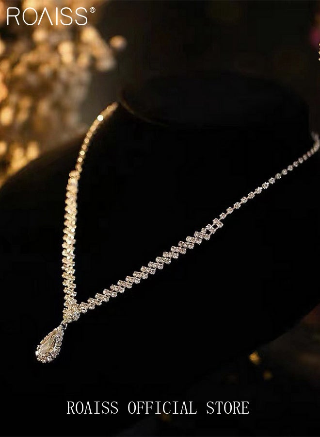roaiss 2-Piece Women's Jewelry Set Rhinestone Necklace and Earring Set with Teardrop Pendant V-Neck Chain-Style Earrings Bridal Evening Wear Accessories for Women - Image 2