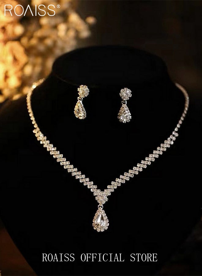 roaiss 2-Piece Women's Jewelry Set Rhinestone Necklace and Earring Set with Teardrop Pendant V-Neck Chain-Style Earrings Bridal Evening Wear Accessories for Women - Image 4
