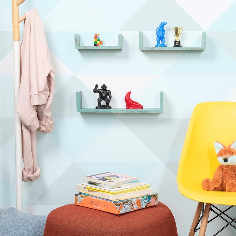 Greenco Set of 3 Floating U Shelves, Decorative, Rustic Turquoise Finish. - Image 2