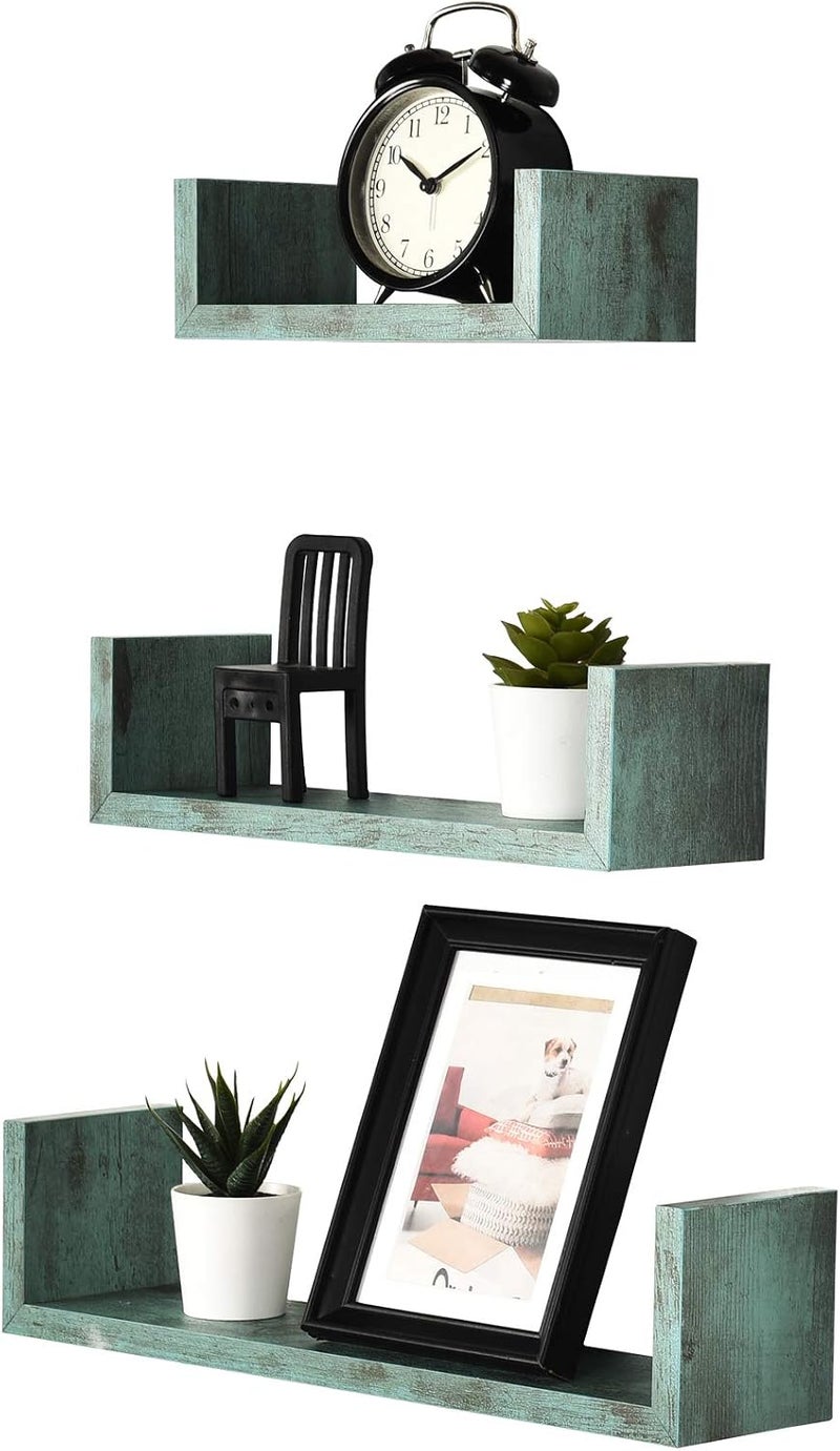 Greenco Set of 3 Floating U Shelves, Decorative, Rustic Turquoise Finish. - Image 1