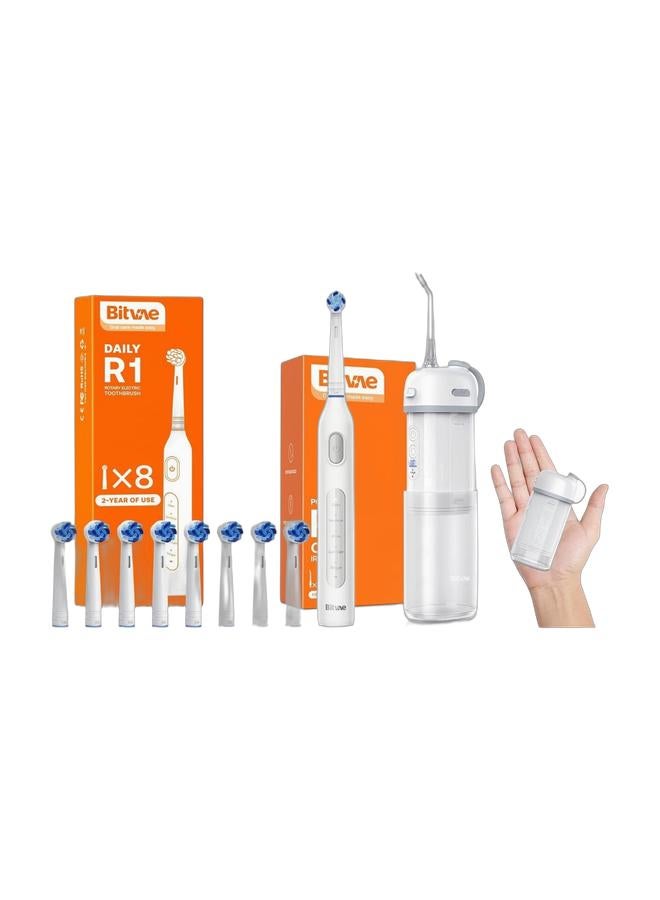 Bitvae R1 Rotary Electric Rechargeable Toothbrush with 5 Cleaning Modes and Fast USB Charging for Deep Clean and Whiten Teeth & Portable Water Flosser for Teeth | Bitvae P1 Mini Dental Floss and Water Floss Pick | Cordless Telescopic Tank Oral Irrigator | IPX7 Waterproof Cleaner for Sensitive Teeth and Braces | Travel Tooth Brush Companion Bundle - Image 1