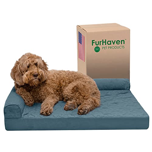 Furhaven Orthopedic Dog Bed for LargeMedium Dogs w Removable Bolsters Washable Cover For Dogs Up to 55 lbs Pinsonic Quilted Paw L Shaped Chaise Bluestone Large - Image 1