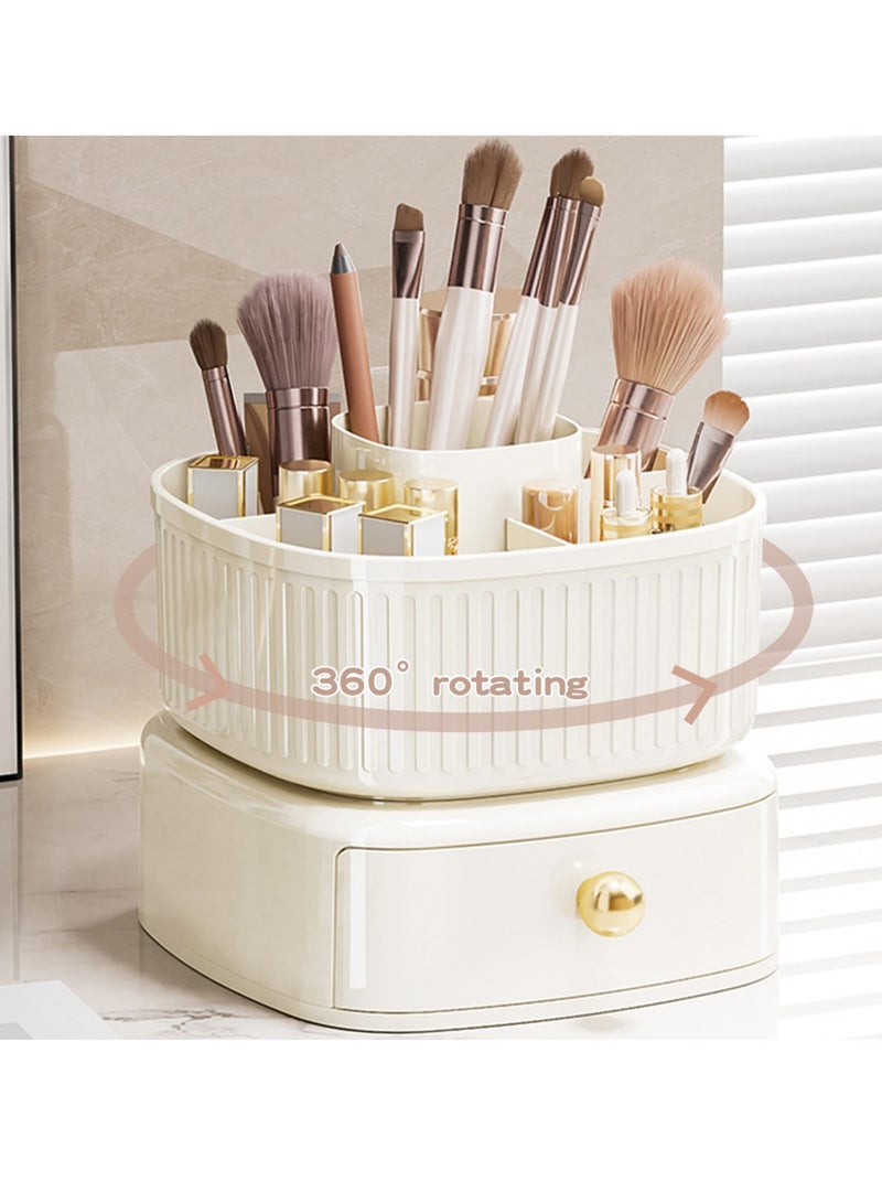 Excefore 360° Rotating Makeup Brush Holder Organizer with Drawer, Cosmetic Makeup Organizer for Countertop, Vanity, Desktop, Bathroom, Makeup and Skincare Storage (Ivory) - Image 1