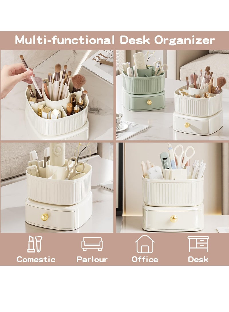 Excefore 360° Rotating Makeup Brush Holder Organizer with Drawer, Cosmetic Makeup Organizer for Countertop, Vanity, Desktop, Bathroom, Makeup and Skincare Storage (Ivory) - Image 3