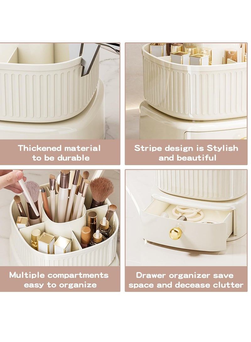Excefore 360° Rotating Makeup Brush Holder Organizer with Drawer, Cosmetic Makeup Organizer for Countertop, Vanity, Desktop, Bathroom, Makeup and Skincare Storage (Ivory) - Image 5