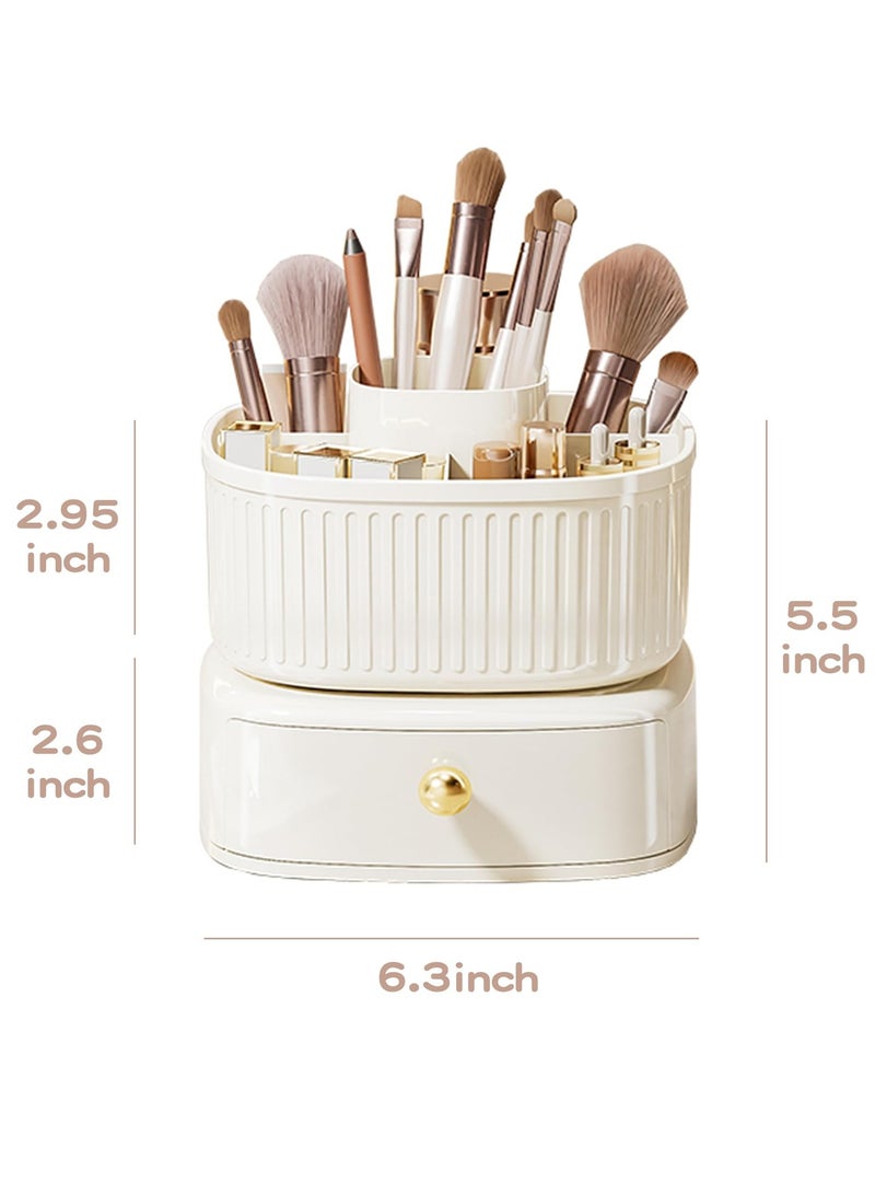 Excefore 360° Rotating Makeup Brush Holder Organizer with Drawer, Cosmetic Makeup Organizer for Countertop, Vanity, Desktop, Bathroom, Makeup and Skincare Storage (Ivory) - Image 4