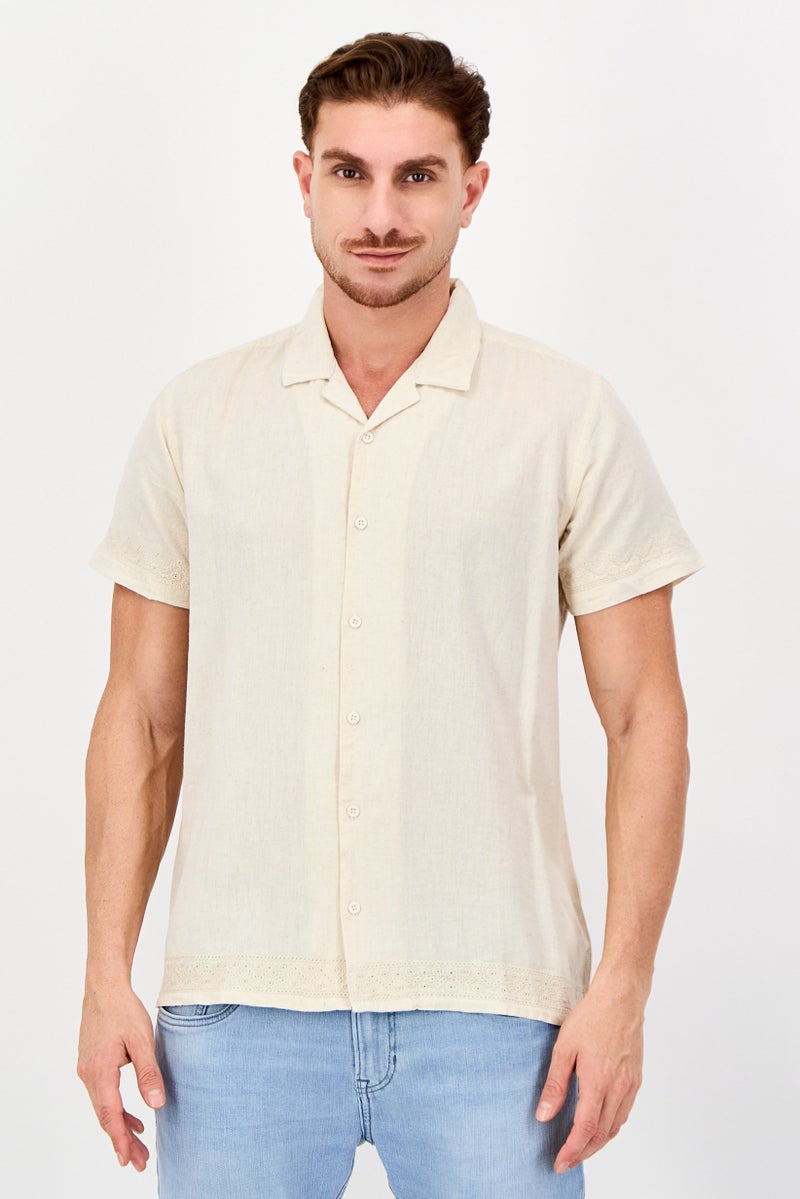 Threadbare Men Regular Fit Embroidered Short Sleeve Casual Shirt, Beige - Image 1