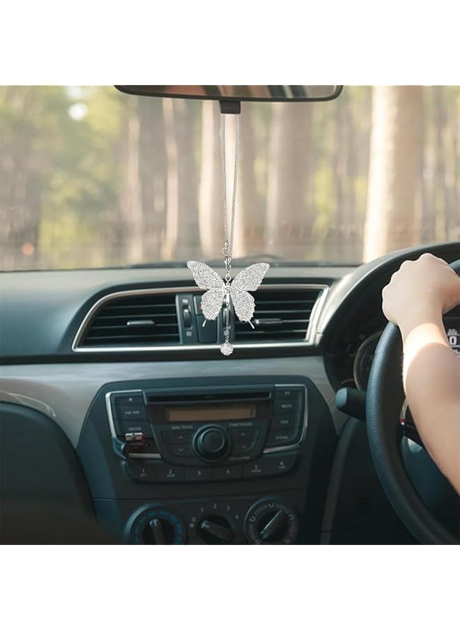 erorex - Butterfly Car Accessories Car Interior Mirror Ornaments Car Bling Rearview Mirror Accessories Diamond Car Hanging Ornament Lucky Hanging Pendant Car Accessories For Women White - Image 1