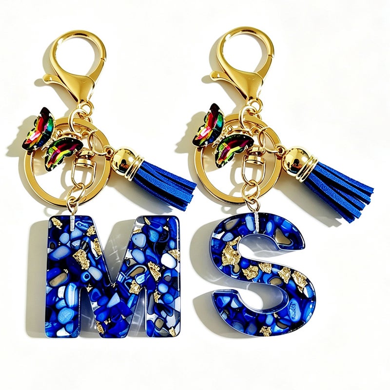 English Resin Letter Keychain with Butterfly Tassel Pendant - Image 1