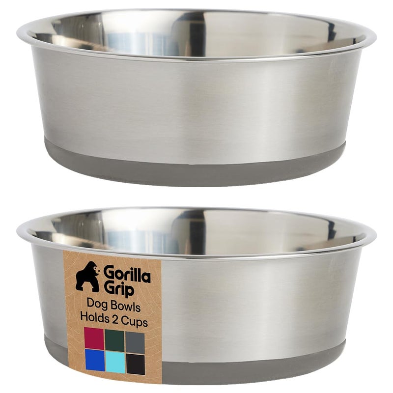 GORILLA GRIP Dog Bowls Food Grade 304 Stainless Steel Holds 2 Cups Each 16 fl oz Food and Water Bowl for Feeding Dogs and Cats Dishwasher Safe Rust Resistant BPA Free Rubber Base Set of 2 Gray - Image 2