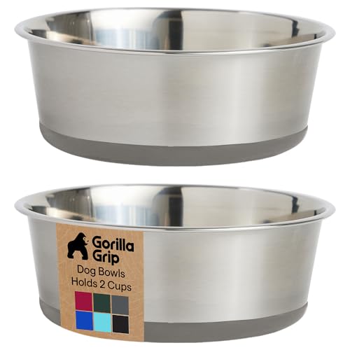 GORILLA GRIP Dog Bowls Food Grade 304 Stainless Steel Holds 2 Cups Each 16 fl oz Food and Water Bowl for Feeding Dogs and Cats Dishwasher Safe Rust Resistant BPA Free Rubber Base Set of 2 Gray - Image 1