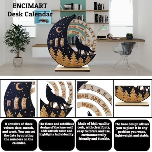 ENCIMART Perpetual Calendar Creative Rotatable Moon Disk CalendarENCIMART Desk Calendar6 Inch Mini Wooden Calendar Desk DecorationDesk Accessories for Home Office Decor Reusable Yearly Wolf - Image 3