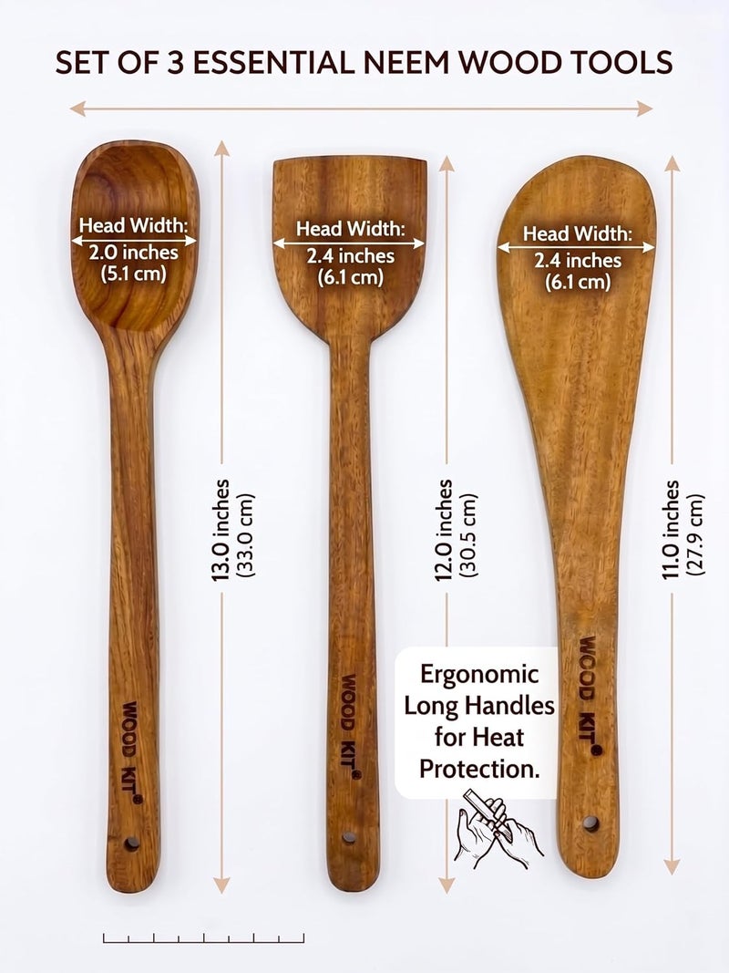 WOODKIT Pure Neem Wood Spatula Set for Cooking | Dosa Spatula Set | Wooden Spatula for Serving,Mixing,Flipping | Naturally Antimicrobial and Non Stick - Neem Wood Flip & Serve Set of 3 - Image 3