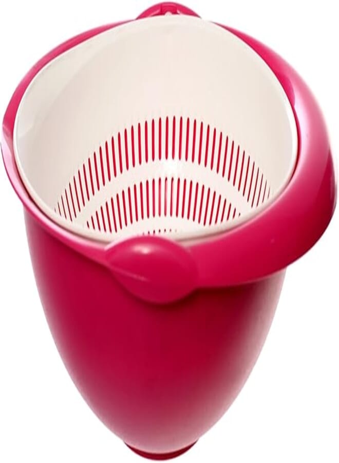 UCSAN Round Plastic Pasta Strainer with Removable Lid, 1.8 Liter Capacity, White/Fuchsia